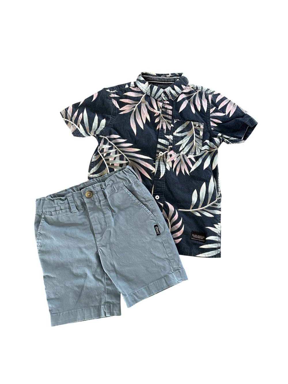 Silver Jeans Navy Tropical Print Shirt with Light Blue Shorts Kids Matching Set